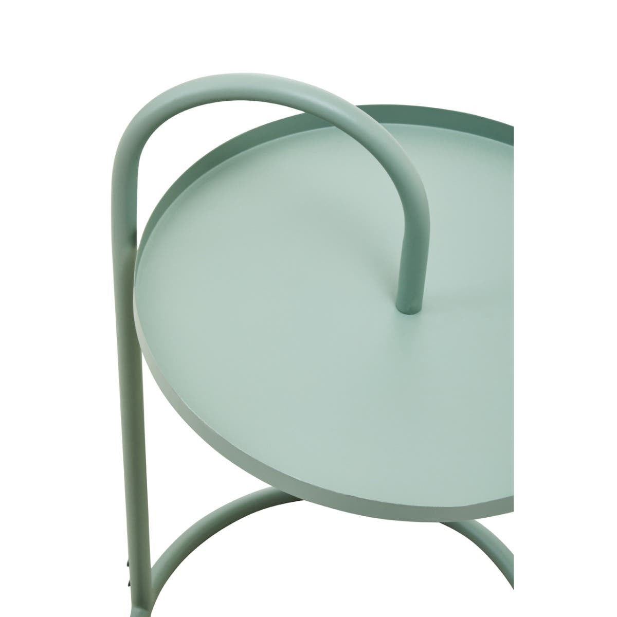 A green hanging top side table with a circular surface and a curved handle, featuring a minimalist design and a sturdy metal frame. The table has a smooth finish and is positioned at an angle, showcasing its unique shape and color