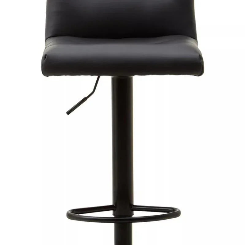 Black bar stool with padded seat, backrest, metal base and integrated footrest