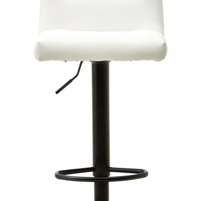White leather bar stool with black metal base and footrest, front view