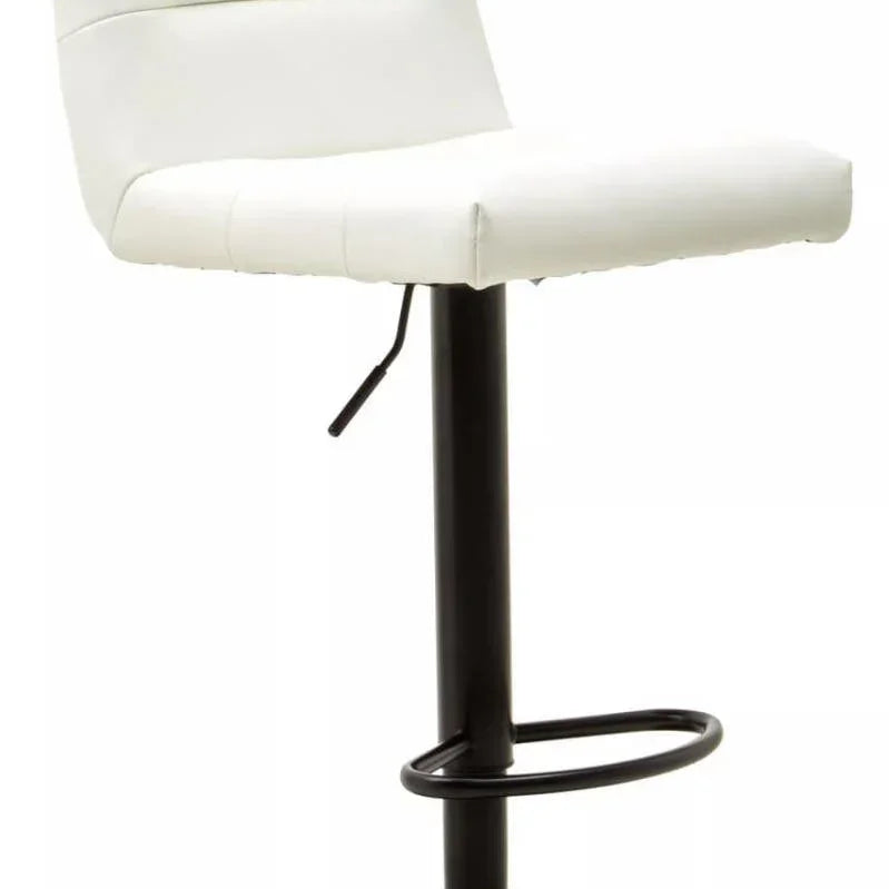 White bar stool with padded seat, low backrest and black metal base