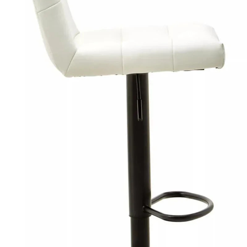 White leather bar stool with padded seat and backrest, black metal pedestal base, side view