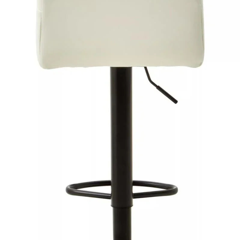 Back view of white bar stool with black pedestal base and footrest