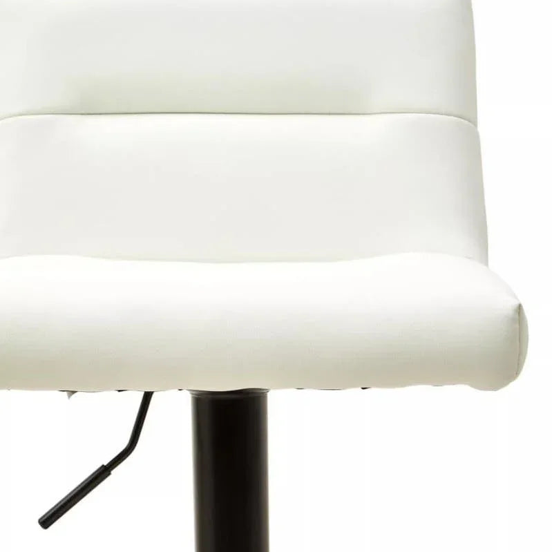 White bar stool with cushioned seat and backrest, black metal base and adjustable lever