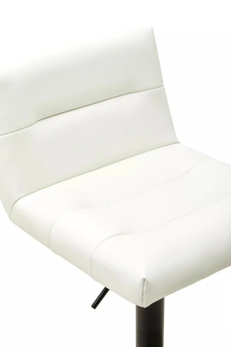 White faux leather bar stool with cushioned seat and backrest, black metal base