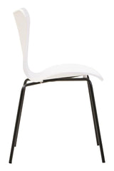 Modern white dining chair with curved seat and black metal legs side view