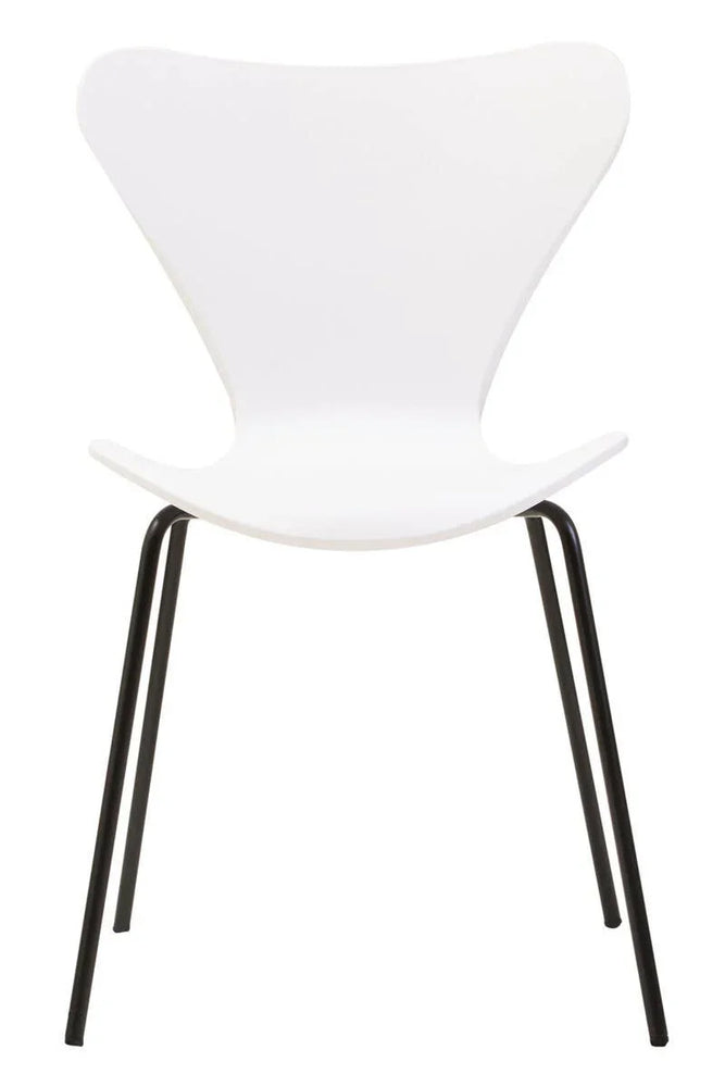 White dining chair with curved seat and black metal legs, front view