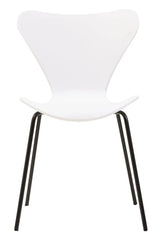 White dining chair with curved seat and black metal legs, front view