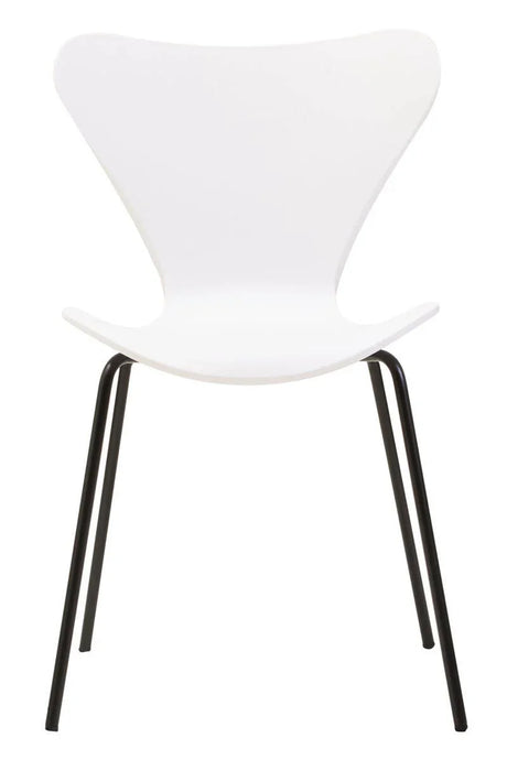 White dining chair with curved seat and black metal legs, front view