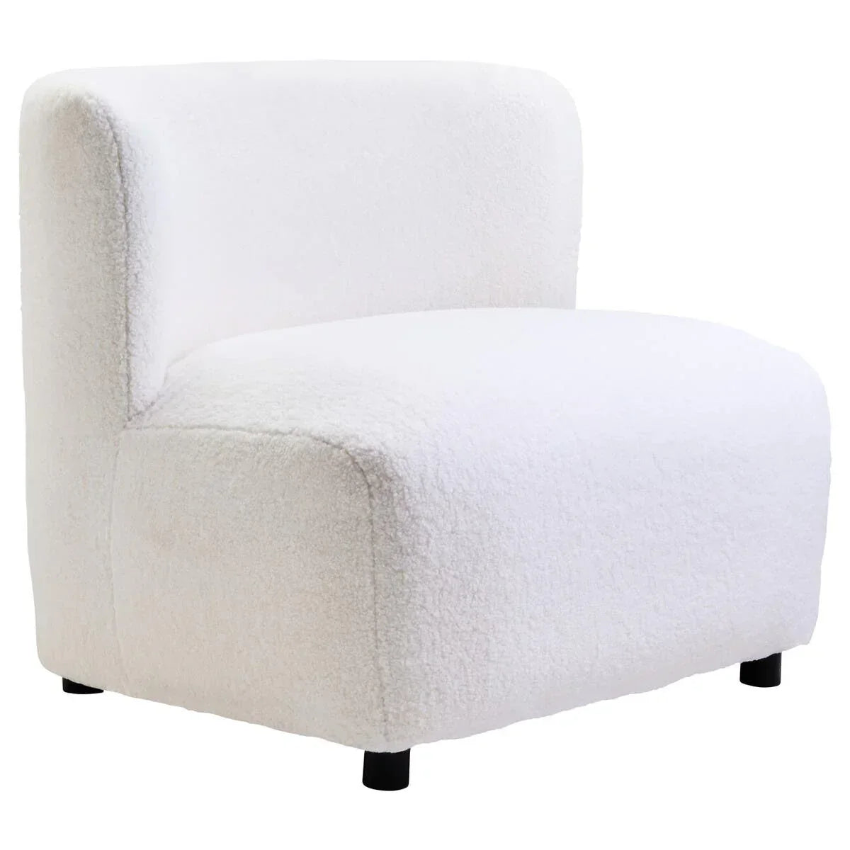 White boucle accent chair with armless design and black legs, angled front view