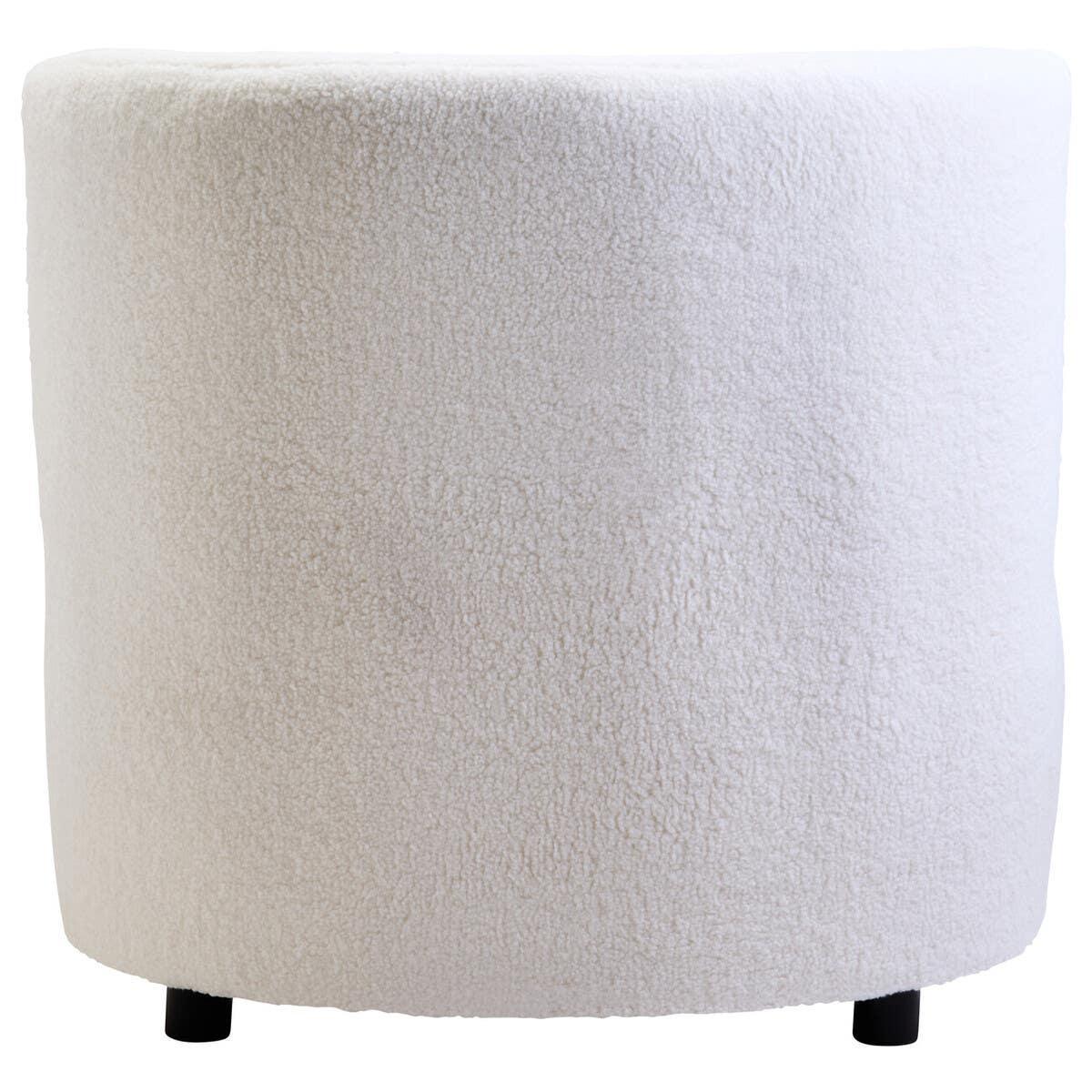 Curved back cream boucle accent chair with black legs, rear view