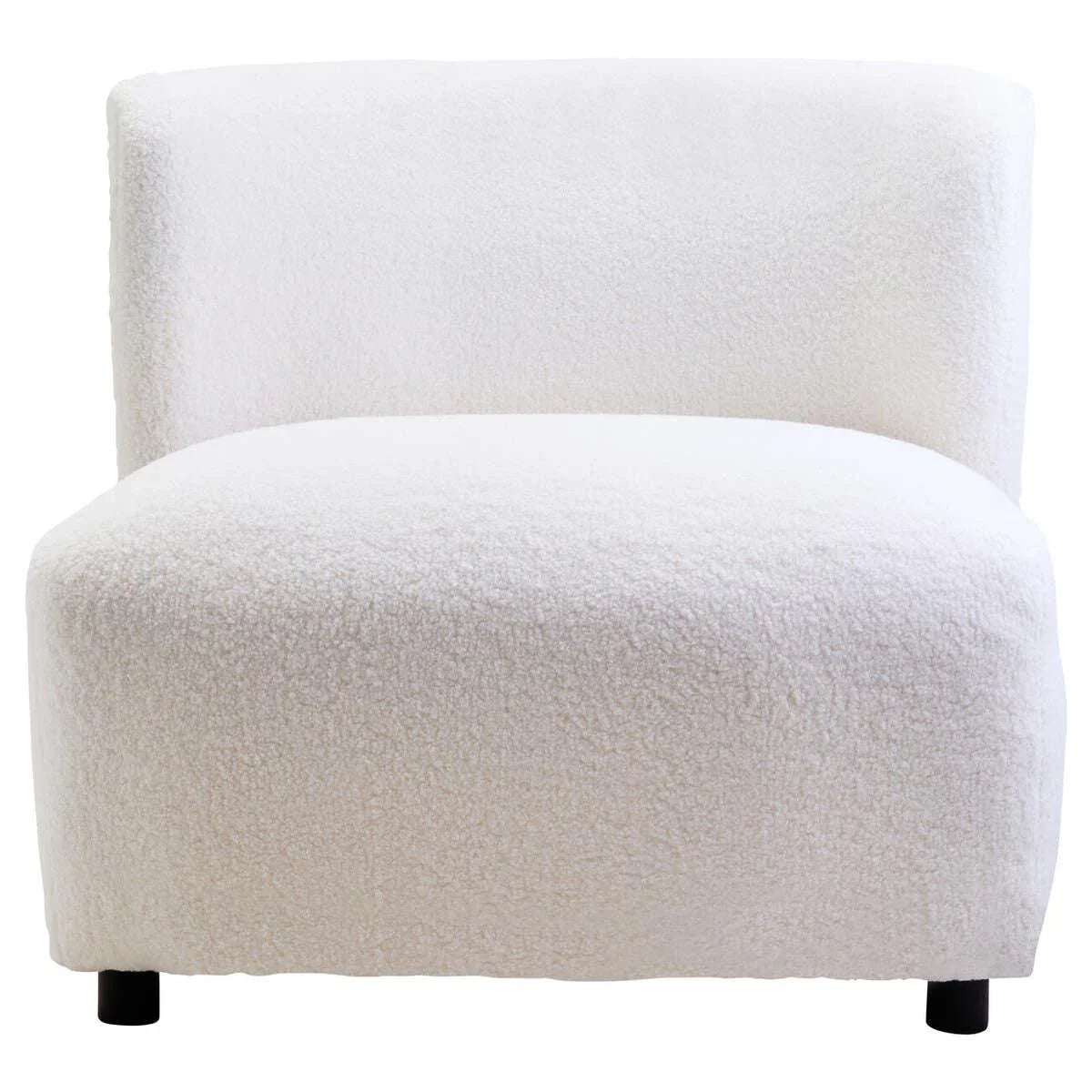 White boucle accent chair with low backrest and black legs, front view