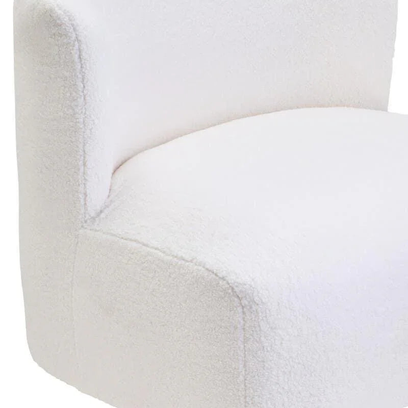 Curved white boucle accent chair with low back and black legs, upholstered seating detail