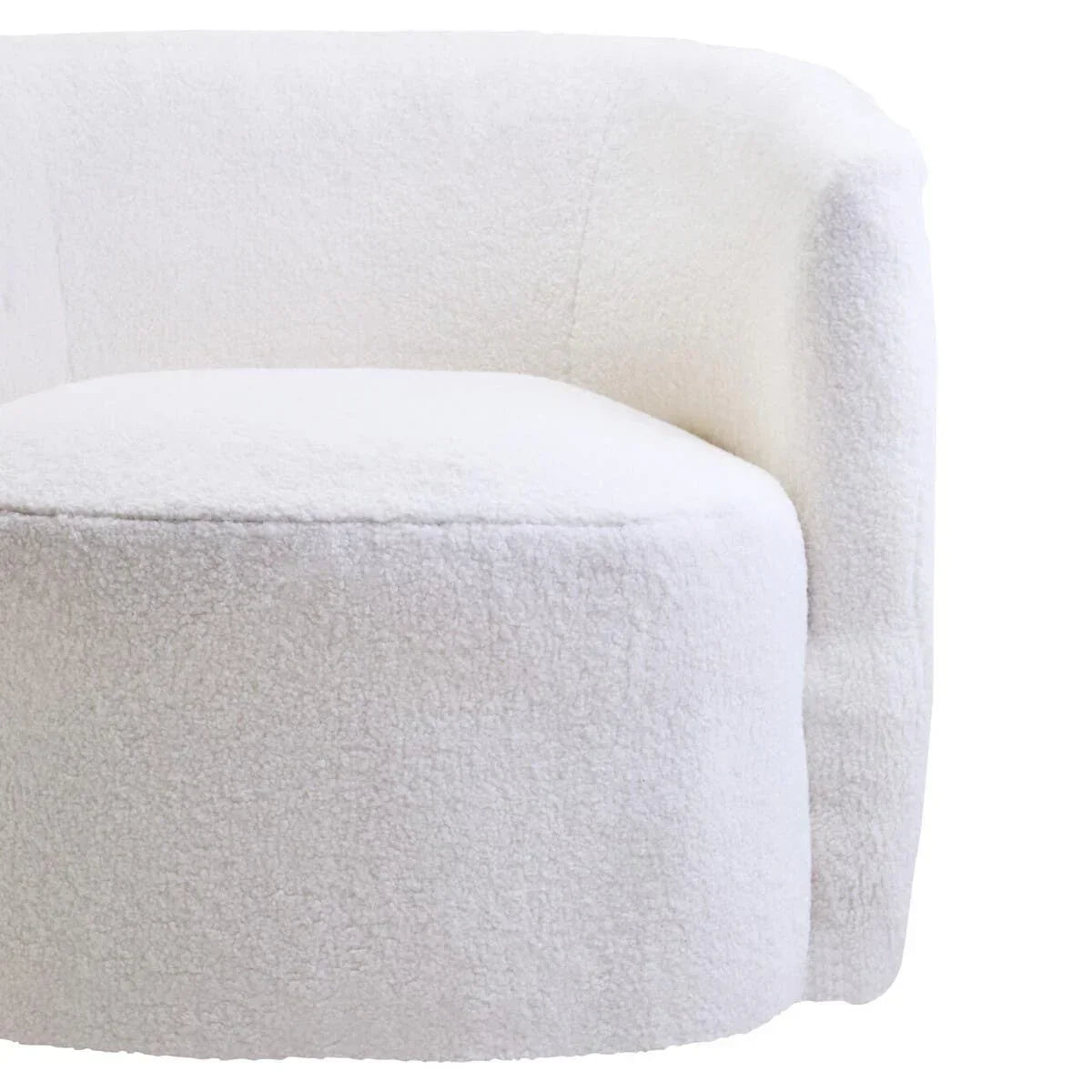 Curved white boucle accent chair with low backrest and plush upholstery