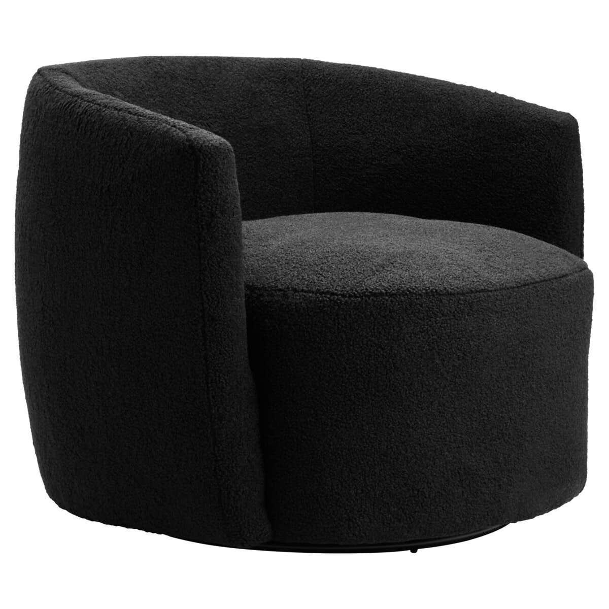 Black boucle swivel accent chair with curved back and upholstered seat