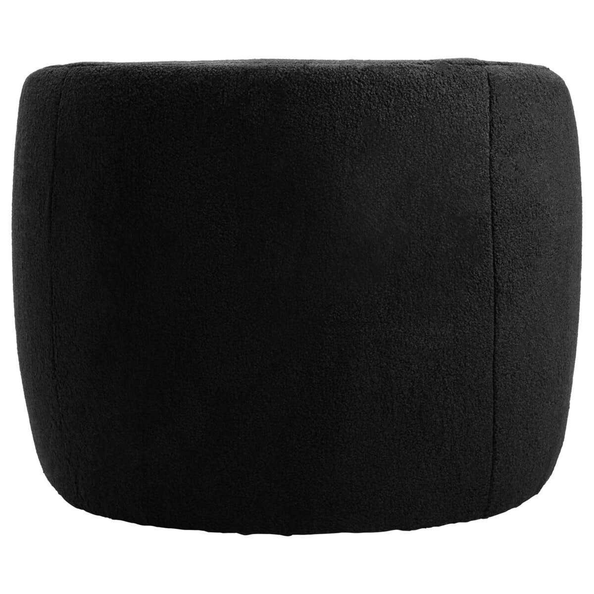 Black fabric footstool with rounded edges and soft textured upholstery