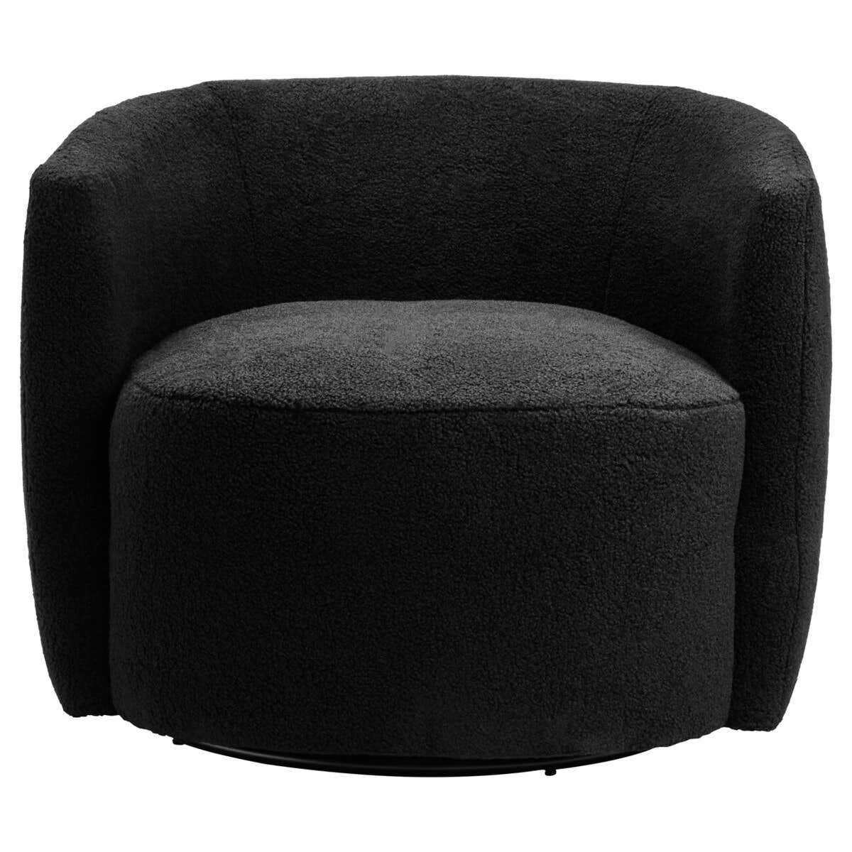 Black boucle swivel armchair with curved backrest and rounded seat, front angle view