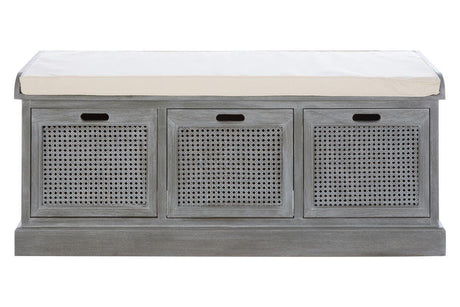 Grey wooden storage bench with rattan front panels and cream seat cushion, front view