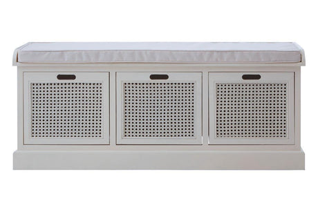 White storage bench with woven rattan front panels and cushioned seat, front view