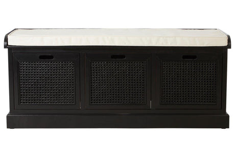 Black storage bench with three woven rattan drawers and cream cushion seat