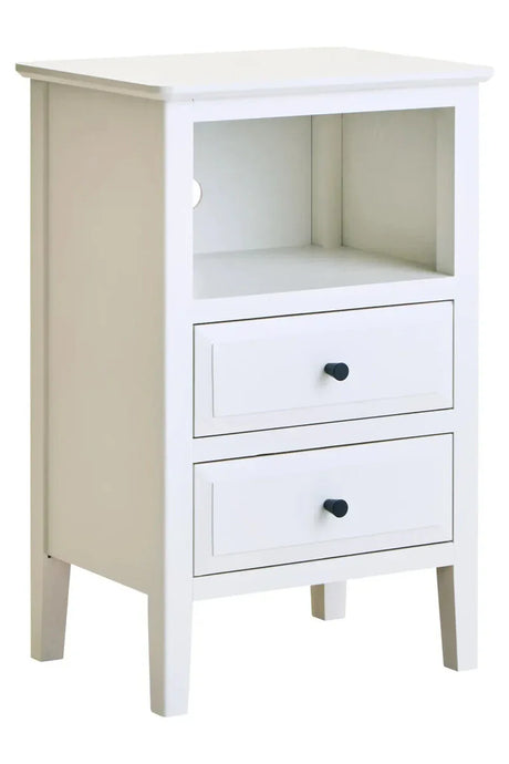 White bedside table with open shelf and two storage drawers, angled front view