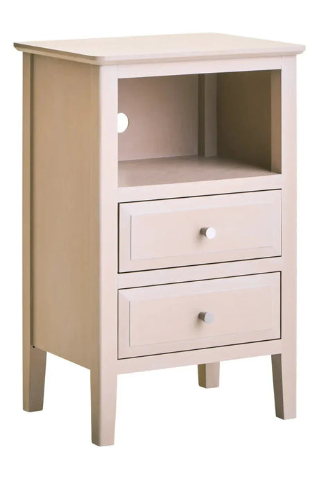 Beige wooden bedside table with two drawers and open shelf