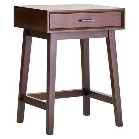 Walnut finish wooden bedside table with single drawer and metal handle