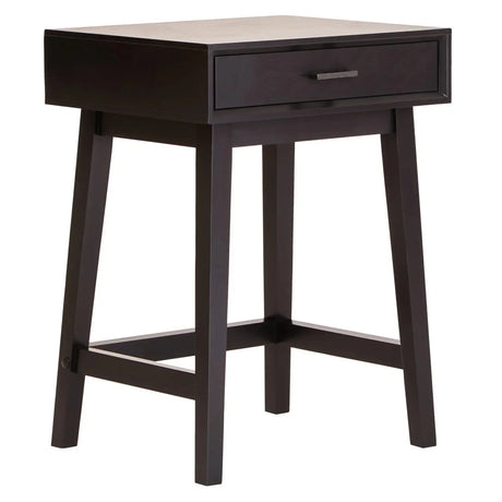 Dark wood bedside table with single drawer and metal handle, angled legs