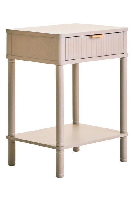 Beige wooden bedside table with single drawer, gold handle and lower storage shelf