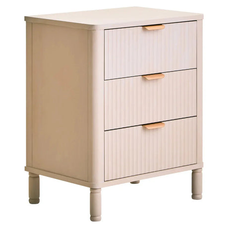 Beige wooden bedside cabinet with three drawers and gold handles, ribbed drawer fronts