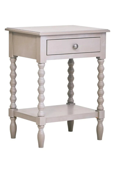 Grey wooden bedside table with single drawer, spindle legs and lower shelf, front angle view