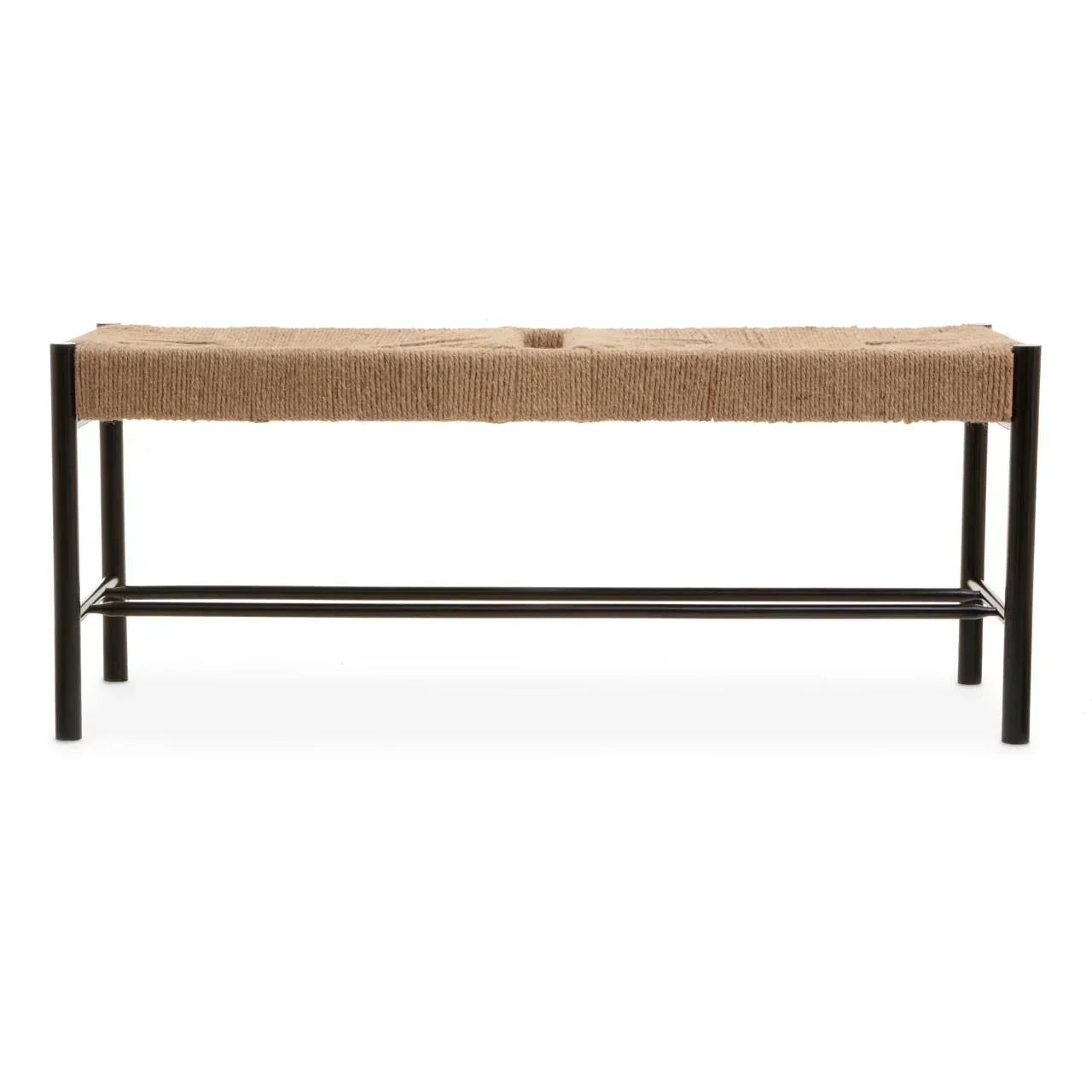 Woven rope bench with black metal frame and rectangular seat, front view