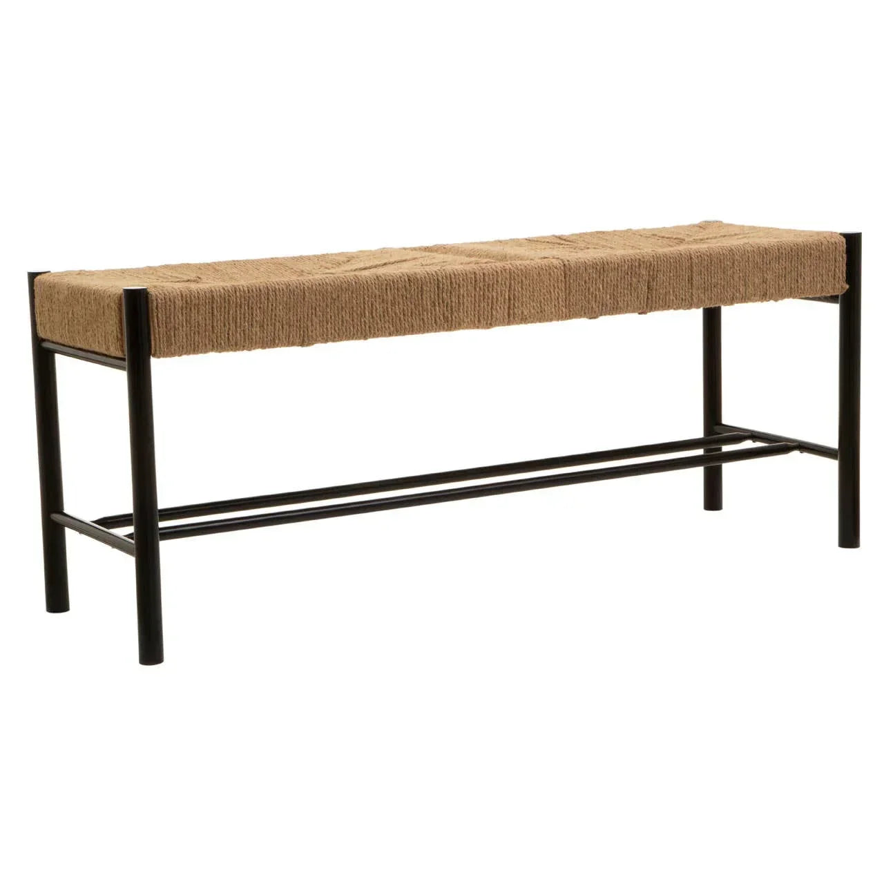 Natural woven bench with black metal frame and minimalist design