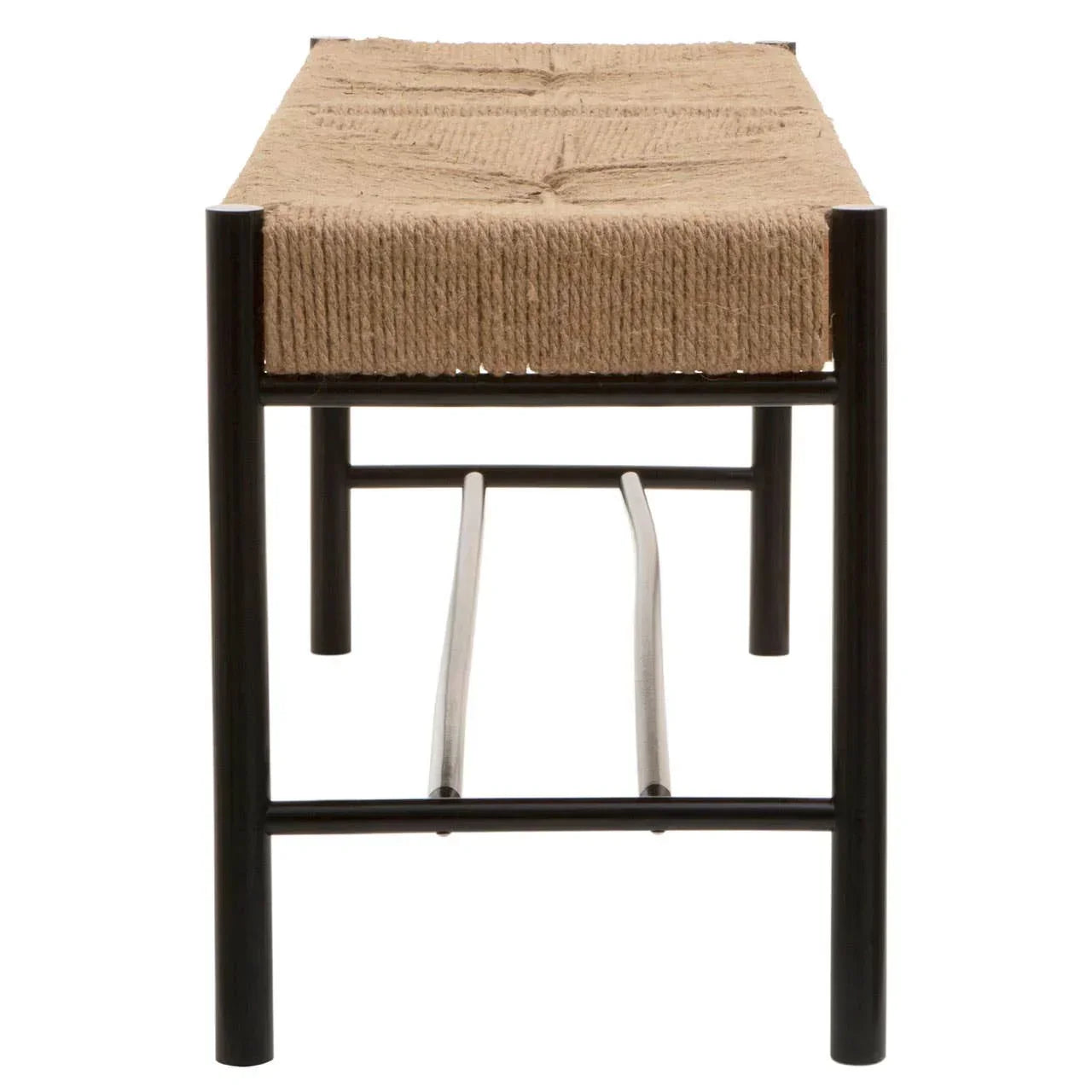 Woven rope bench with black metal frame and footrest, front angle view