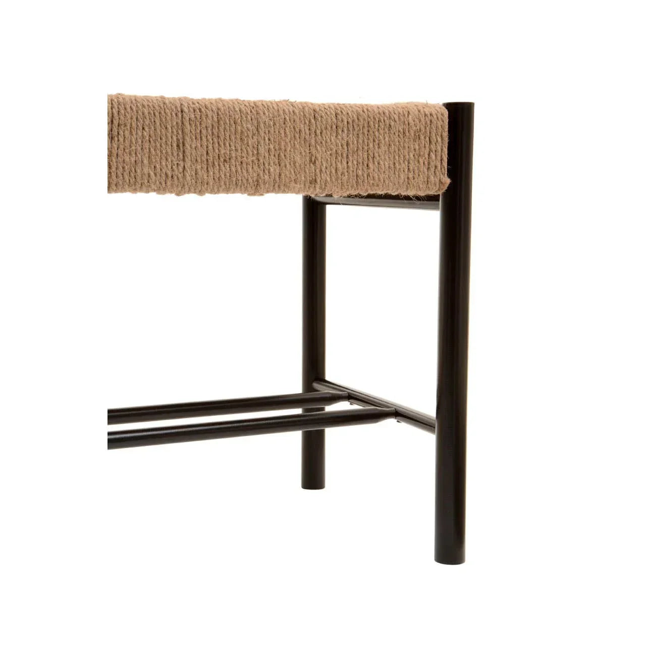 Close-up of black metal stool leg with woven rope seat edge