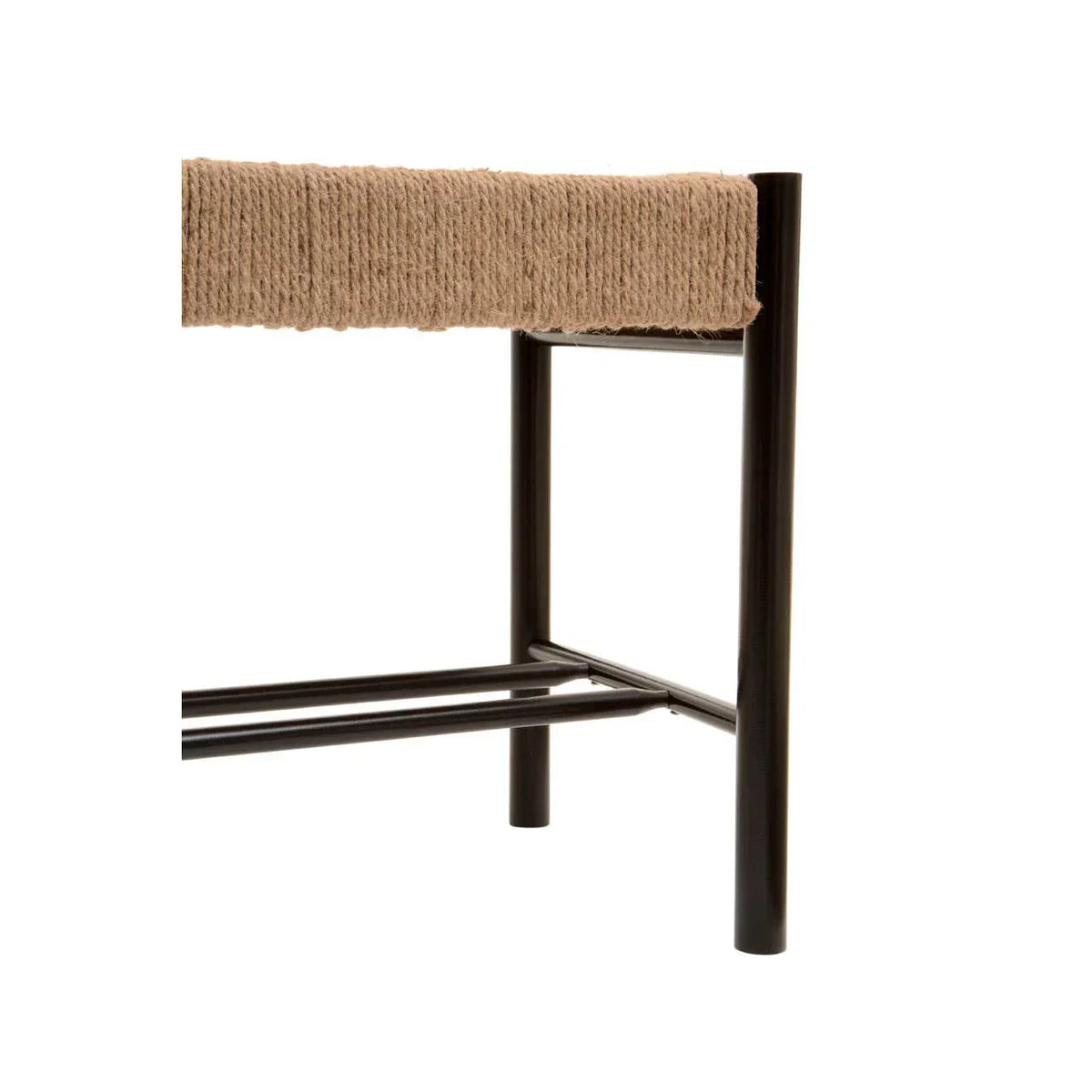 Close-up of black metal stool leg with woven rope seat edge