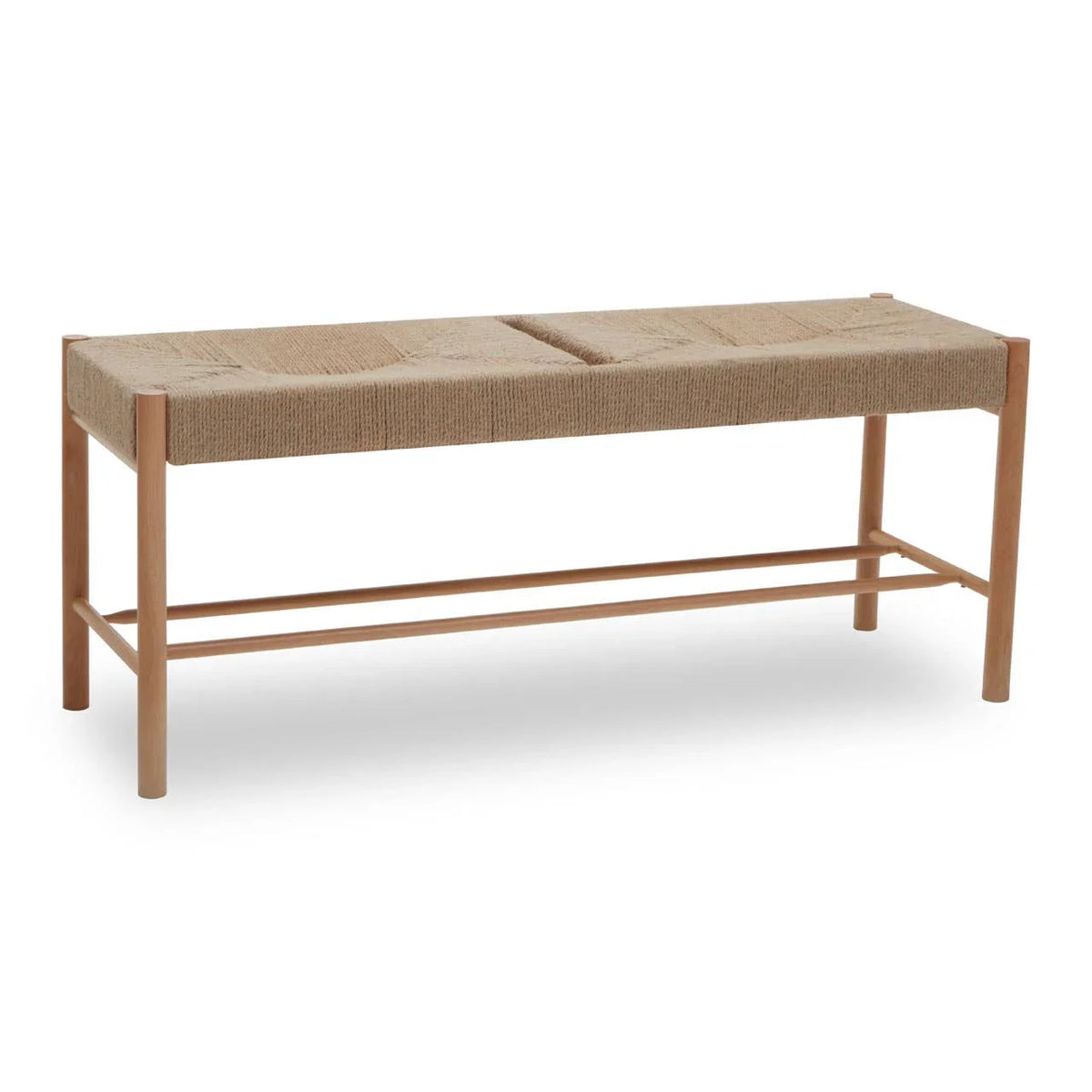 Wooden bench with woven natural seat and simple frame, angled front view
