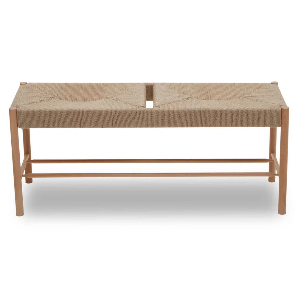 Natural wood bench with woven rope seat and open center detail, front angle view