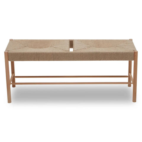 Natural wood bench with woven rope seat and open center detail, front angle view