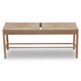 Natural wood bench with woven rope seat and open center detail, front angle view