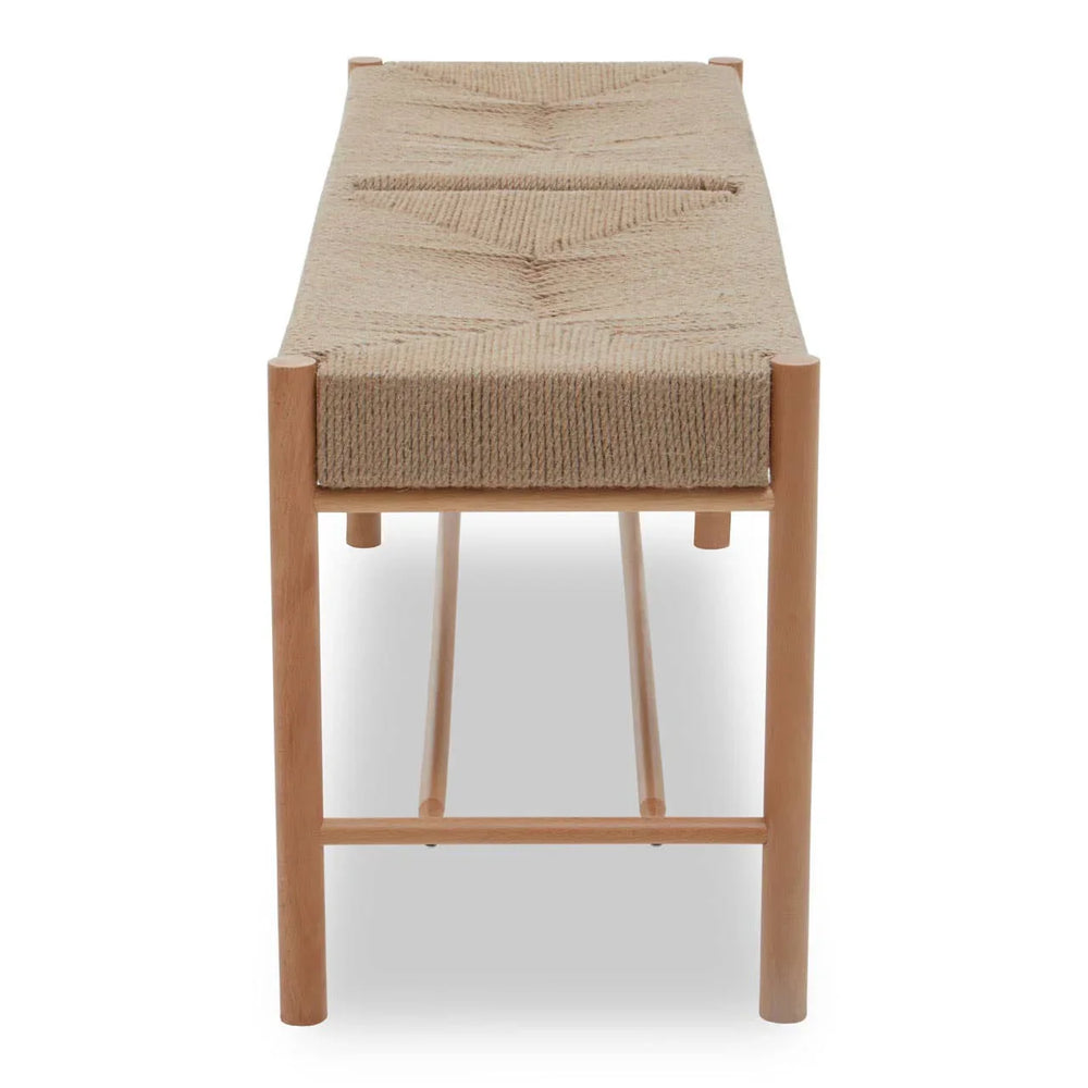 Natural wood dining bench with woven rope seat, viewed from the front angle