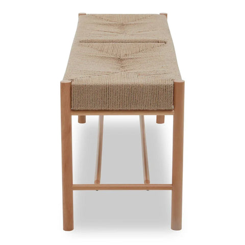 Natural wood dining bench with woven rope seat, viewed from the front angle