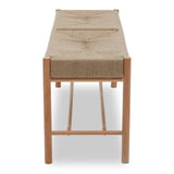 Natural wood dining bench with woven rope seat, viewed from the front angle