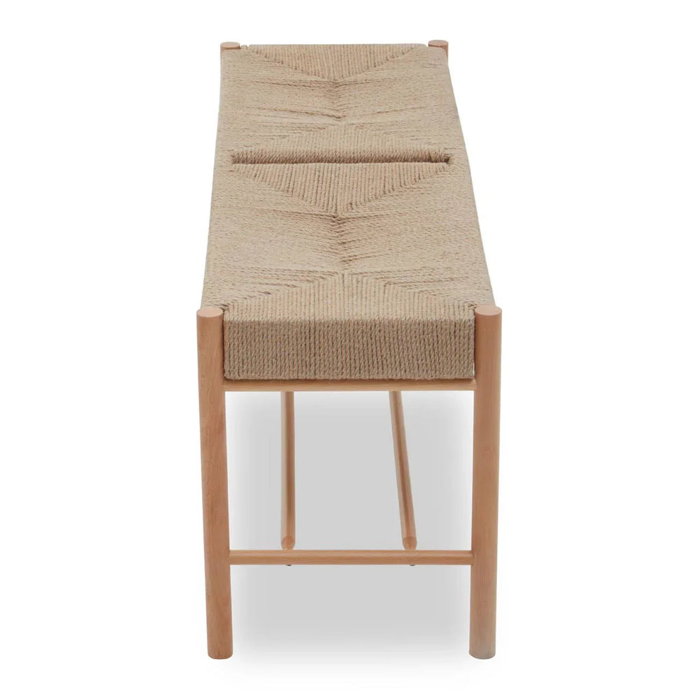 Woven rope seat bench with natural wood legs, viewed from the end