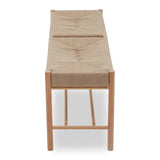 Woven rope seat bench with natural wood legs, viewed from the end