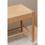 Natural woven bench with solid wood frame and textured rope seat, angled side view