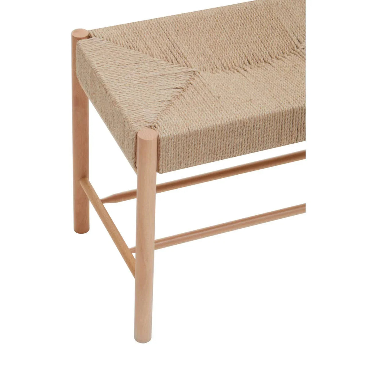 Natural woven bench seat with wooden frame and corner leg detail