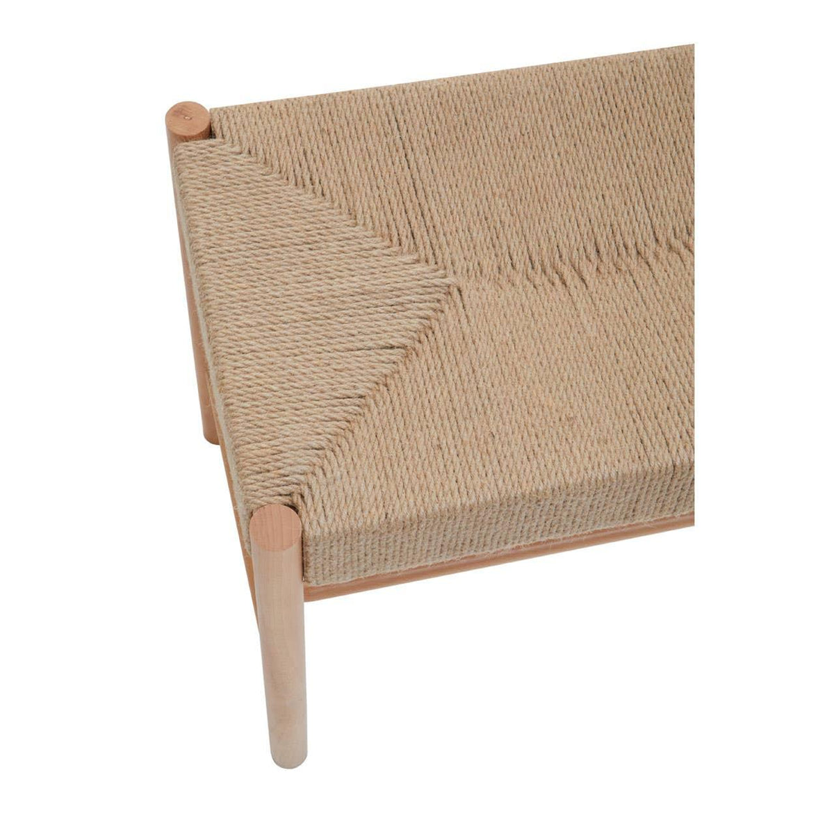 Closeup of woven rope bench seat with light wood frame