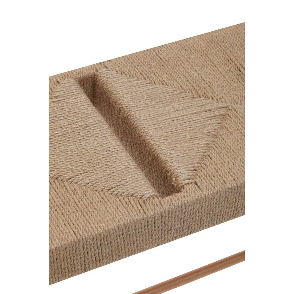 Closeup of woven rope dining bench seat with natural texture and wooden leg
