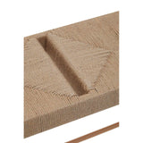 Closeup of woven rope dining bench seat with natural texture and wooden leg