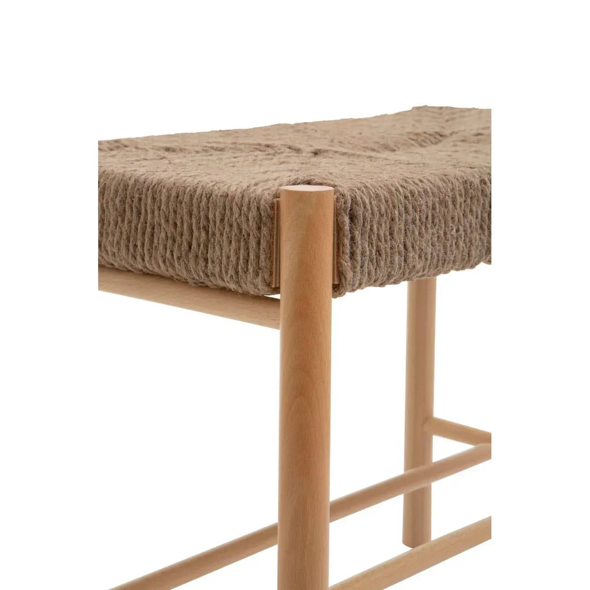 Detail of woven rope seat bench with light wooden legs, corner close-up view